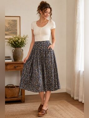 J. McLaughlin Navy Blue Floral Midi Skirt